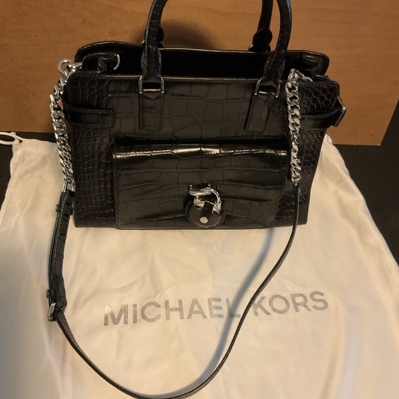 Michael Kors Handbags - Michael Kors Black Croc-Embossed Satchel with Silver Chain Strap